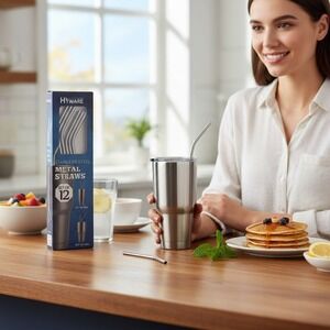 Hiware Metal Straws Set 12pc Silver Stainless Steel Reusable New